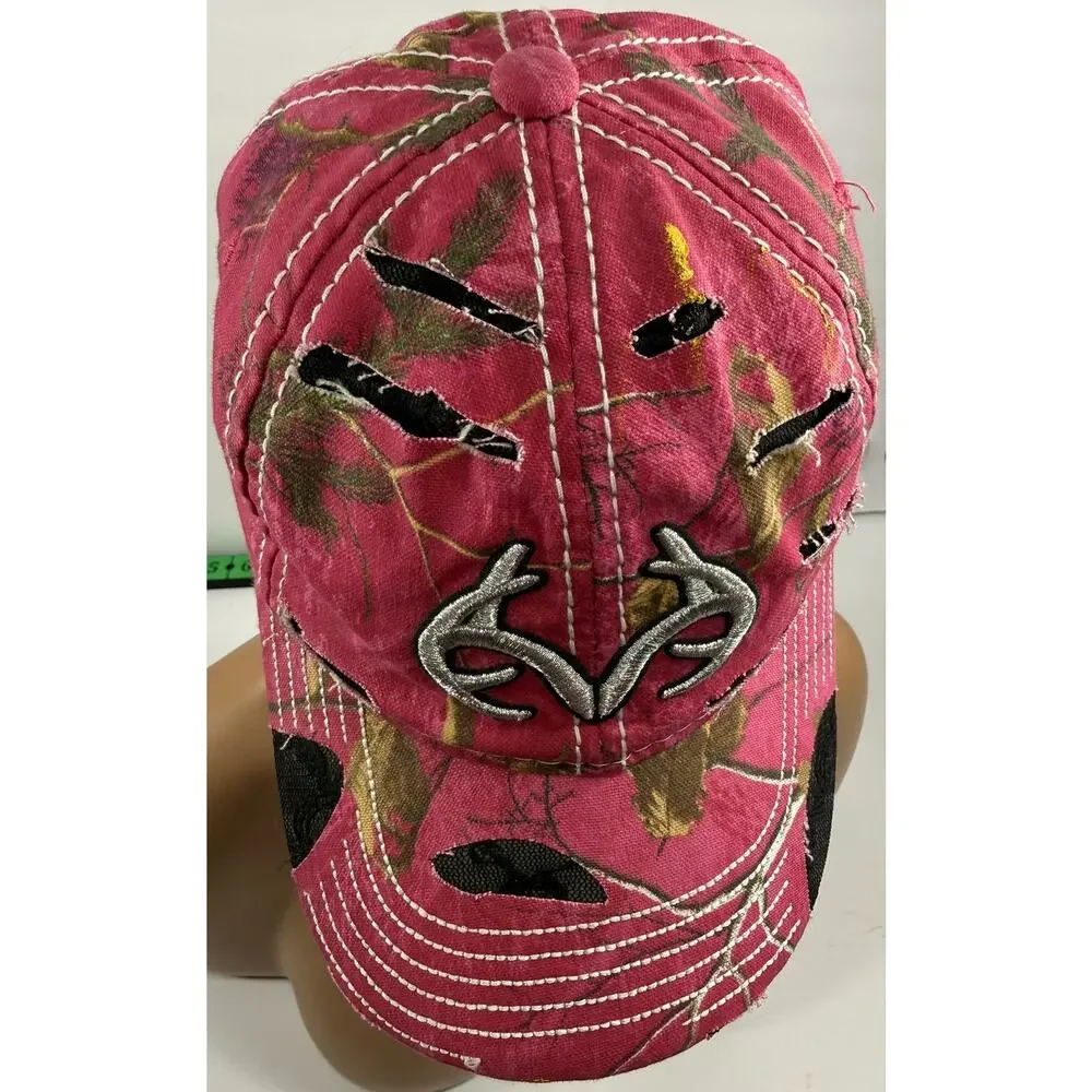 Realtree Hat Cap Pink Camo Distressed Cutouts Black Lace Silver Embroidered Logo